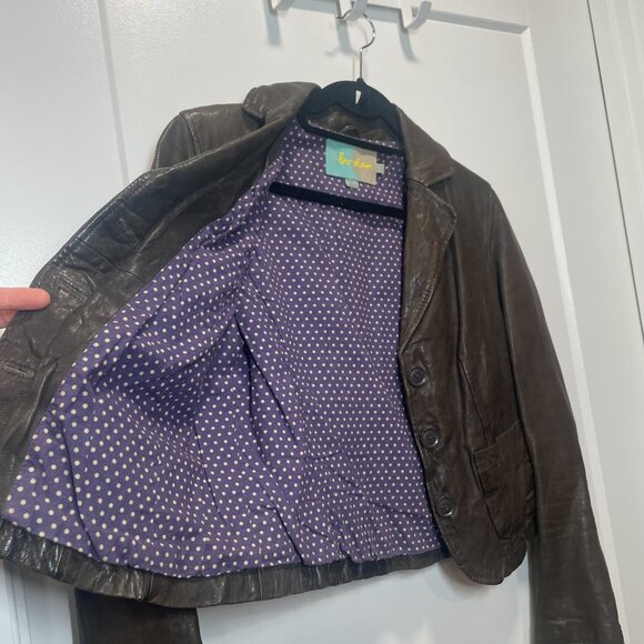 Boden Brown Leather Jacket Size 4 with Purple Polka Dot Lining - Picture 4 of 7